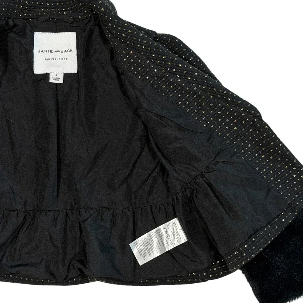 Janie and Jack Girls Black Gold Metallic Dot Peplum Blazer Faux Fur Cuffs Size 3